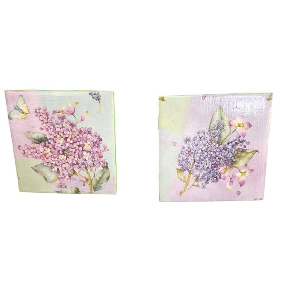 Floral Ceramic Tile Coasters Set Of 2 Purple & Pink Hydrangea and Butterfly Desi - Picture 1 of 10